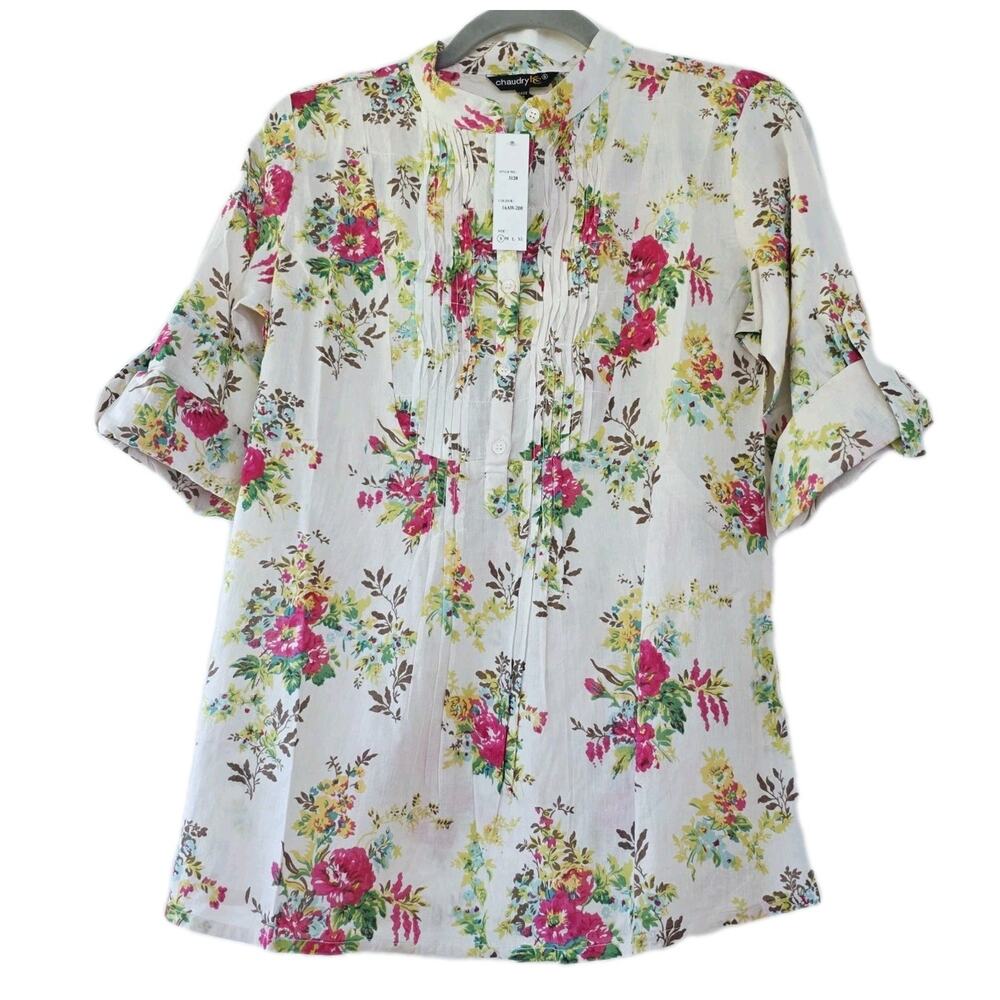 Chaudry button down shirt blouse Size S Floral Rose print New Cotton Lightweight